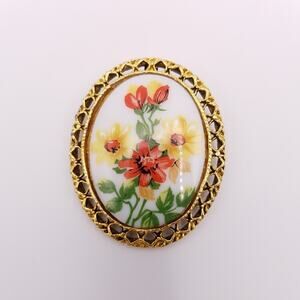 Ceramic Porcelain Painted Floral Brooch Pendant Gold Tone Yellow Orange Flowers